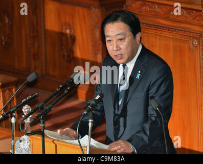 24. Januar 2012, Tokio - liefert Japans Premierminister Yoshihiko Noda seine Rede wie die ordentliche Sitzung der Ernährung auf Dienstag, 24. Januar 2012 in Tokio beruft.  Noda wird erwartet, dass die Verhandlungen mit der Opposition-Camps auf der Passage von Rechnungen zu den Nationen Verkauf ta Gesicht Stockfoto