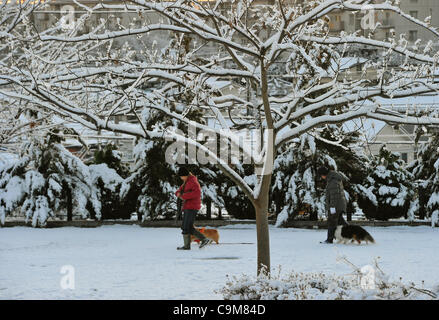 24. Januar 2012, Tokorozawa, Japan - gehen Bewohner ihre Hunde in einem verschneiten Park in Tokorozawa, Einkaufsviertels westlichen Bedtown Vorort, auf Dienstag, 24. Januar 2012. Schnee fiel im Bereich Metropolitan Tokyo ab Montag Nacht durch frühen Dienstagmorgen, Störungen von Transport-Dienstleistungen ein Stockfoto