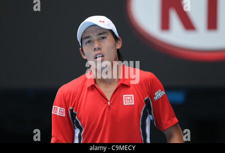 Kei Nishikori Andy Murray bei den Australian Open Tennis, Melbourne, 25. Januar 2012 spielen. Stockfoto