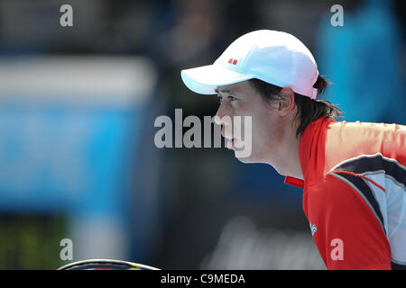 Kei Nishikori Andy Murray bei den Australian Open Tennis, Melbourne, 25. Januar 2012 spielen. Stockfoto