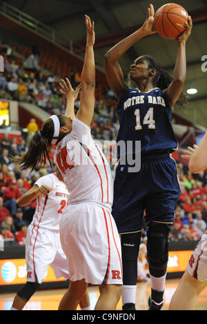 31. Januar 2012 - Newark, New Jersey, USA - Notre Dame Fighting Irish weiterleiten Devereaux Peters (14) Triebe über Rutgers Scarlet Knights Guard/Forward Betnijah Laney (44) während der ersten Hälfte NCAA Big East Frauen-Basketball-Aktion zwischen Notre Dame und Rutgers bei Louis Braun Athletic Center. Notre Stockfoto