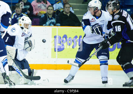 8. Februar 2012 - Saskatoon, Saskatchewan, Kanada - Saskatoon Blades Torwart Andrey Makarov (#1) blockt den Schuß in Aktion während des Spiels Saskatoon Blades vs. Swift aktuelle Broncos im Credit Union Centre in Saskatoon. (Kredit-Bild: © Derek Mortensen/Southcreek/ZUMAPRESS.com) Stockfoto