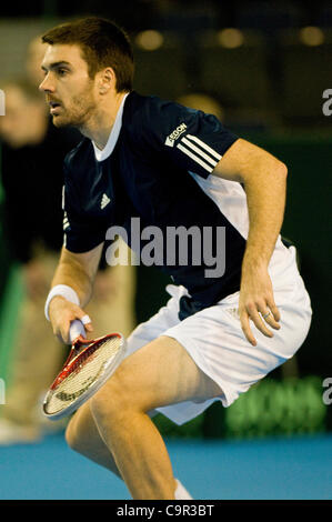 Colin Fleming und Ross Hutchins, stieß auf Filip Polasek und Michael Mertinak auf den zweiten Tagen verdoppelt im Davis-Cup von BNP Paribas, Großbritannien V Slowakei Krawatte in Glasgows' Braehead Arena. Stockfoto