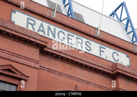 Ibrox Stadium, Edmiston Drive, Ibrox, Glasgow, Schottland, Großbritannien, Dienstag, 14th. Februar 2012. Rangers FC Schild am Ibrox Park Stockfoto