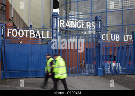 Ibrox Stadium, Edmiston Drive, Ibrox, Glasgow, Schottland, Großbritannien, Dienstag, 14th. Februar 2012. Gates im Ibrox Park, der Heimat des Rangers Football Club Stockfoto