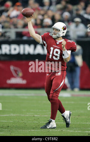 18. Dezember 2011 - Glendale, Arizona, USA - Arizona Cardinals Quarterback John Skelton (19) entfesselt einen Pass in einem NFL-Spiel gegen die Cleveland Browns im University of Phoenix Stadium in Glendale, AZ (Credit-Bild: © Gene Lower/Southcreek/ZUMAPRESS.com) Stockfoto