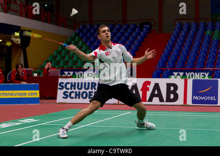 AMSTERDAM, DIE NIEDERLANDE, 19.02.2012. Badminton-Spieler Jan Ø. Jørgensen (Dänemark, im Bild) gewinnt sein Match gegen Marc Zwiebler (Deutschland) in das Finale der European Team Championships Badminton 2012 in Amsterdam. Stockfoto