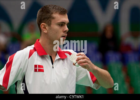 AMSTERDAM, DIE NIEDERLANDE, 19.02.2012. Badminton-Spieler Jan Ø. Jørgensen (Dänemark, im Bild) gewinnt sein Match gegen Marc Zwiebler (Deutschland) in das Finale der European Team Championships Badminton 2012 in Amsterdam. Stockfoto