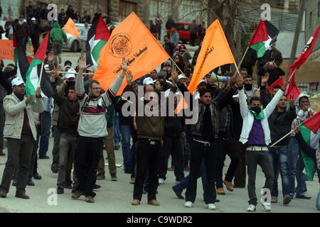 25. Februar 2012 - verbunden Hebron, Westjordanland, Palästinensische Autonomiegebiete - palästinensische Demonstranten von israelischen und ausländischen Friedensaktivisten, schreien Parolen während einer Demonstration für die Wiedereröffnung eines Schlüssels Straße in der Westbank-Stadt Hebron am 24. Februar 2012. Hunderte von Palästinensern protestierten t Stockfoto