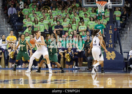 25. Februar 2012 - South Bend, Indiana, USA - Notre Dame nach vorne Natalie Achonwa (#11) sieht den Ball als South Florida nach vorne, die, den Tiffany Conner (#4) im ersten Halbjahr Aktion der NCAA Frauen-Basketball-Spiel zwischen Süd-Florida und Notre Dame verteidigt.  Die Notre Dame Fighting Irish besiegte im Süden Stockfoto