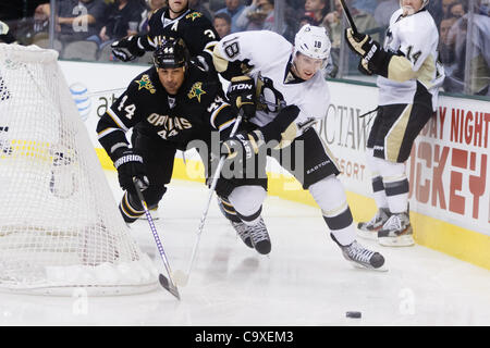 29. Februar 2012 - Dallas, Texas, USA - Pittsburgh Penguins nach vorn James Neal (18) und Dallas Stars Verteidiger Sheldon Saison (44) Schlacht hinter dem Netz während der Aktion zwischen den Dallas Stars und die Pittsburgh Penguins.  Pittsburgh gewinnt in einer Schießerei 4-3 im American Airlines Center. (Kredit-Bild: © A Stockfoto