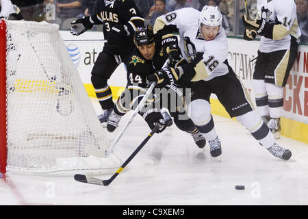 29. Februar 2012 - Dallas, Texas, USA - Pittsburgh Penguins nach vorn James Neal (18) und Dallas Stars Verteidiger Sheldon Saison (44) Schlacht hinter dem Netz während der Aktion zwischen den Dallas Stars und die Pittsburgh Penguins.  Pittsburgh gewinnt in einer Schießerei 4-3 im American Airlines Center. (Kredit-Bild: © A Stockfoto