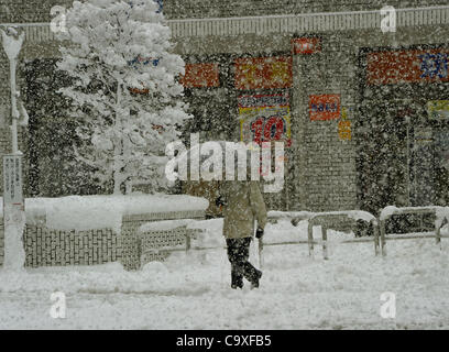 29. Februar 2012, Kotesashi, Japan - macht ein einsamer Fußgänger seinen Weg in den Schnee in Kotesasi, einem westlichen Schlafzimmer Vorort von Tokio, auf Mittwoch, 29. Februar 2012. Ein Freak Frühjahr Sturm ausgelöst durch Unterdruck im Pazifik südlich von Japan brachte Neuschnee über Breite Schwade in den Kanto Stockfoto