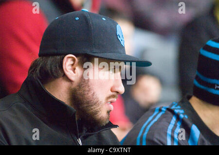 Fischadler V Glasgow Rabodirect PRO12 im Liberty Stadium in Swansea: Fischadler Cai Griffiths auf der Bank. Stockfoto
