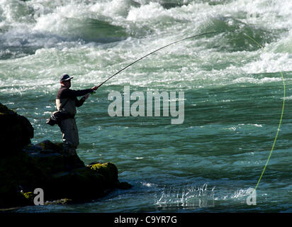 9. März 2012 - Glide, Oregon, USA - ein Angler Fische für Steelhead auf North Umpqua River in der Nähe von Glide, Oregon/USA fliegen Die North Umpqua River gilt als eines der besten Steelhead Fischerei Flüsse in Nordamerika.  Eine 33,8 Meile Strecke des Flusses wurde so wild und landschaftlich durch die United Stat bezeichnet. Stockfoto