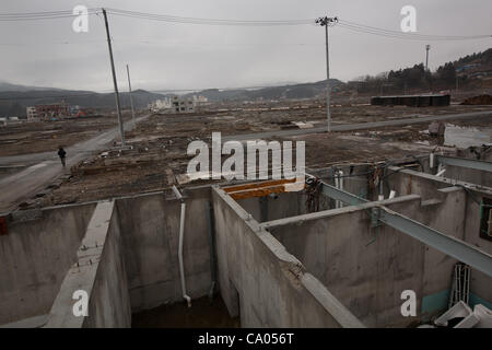 Tsunami-Verwüstungen in Minami Sanriku auf 1 Jahr-Jubiläum der 11. März 2011 Erdbeben der Stärke 9 und der nachfolgende Tsunami in Minami-Sanriku, Region Tohoku, Japan am Sonntag, 11. März 2012. Stockfoto