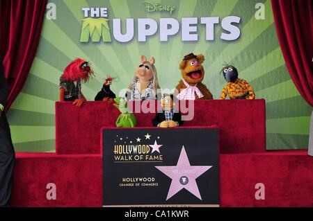 Tier, Pepe, Miss Piggy, Kermit, Walter, Fozzie, Gonzo bei der Induktion Zeremonie für Stern auf dem Hollywood Walk of Fame fürdas Muppets, Hollywood Boulevard, Los Angeles, CA 20. März 2012. Foto von: Michael Germana/Everett Collection Stockfoto