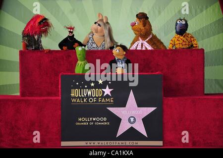 Tier, Pepe, Kermit, Miss Piggy, Walter, Fozzie, Gonzo bei der Induktion Zeremonie für Stern auf dem Hollywood Walk of Fame fürdas Muppets, Hollywood Boulevard, Los Angeles, CA 20. März 2012. Foto von: Michael Germana/Everett Collection Stockfoto