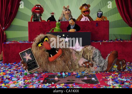 Tier, Pepe, Kermit, Sweetums, Miss Piggy, Walter, Fozzie, Gonzo bei der Induktion Zeremonie für Stern auf dem Hollywood Walk of Fame fürdas Muppets, Hollywood Boulevard, Los Angeles, CA 20. März 2012. Foto von: Michael Germana/Everett Collection Stockfoto