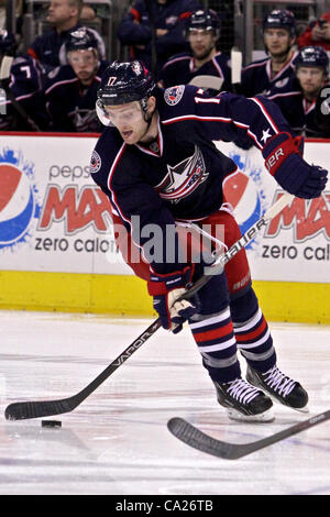 23. März 2012 - Columbus, Ohio, USA - das Spiel zwischen den Carolina Hurricanes und den Columbus Blue Jackets in der Nationwide Arena, Columbus, Ohio. (Kredit-Bild: © Scott Stuart/ZUMAPRESS.com) Stockfoto