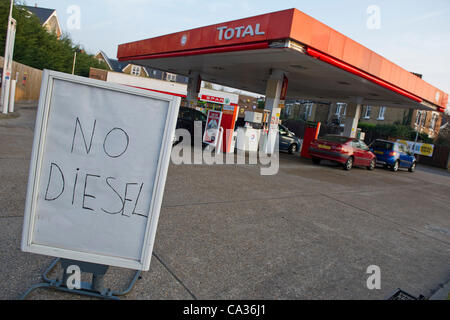 Eine Tankstelle läuft aus Diesel als Pendler fahren Sie nach Hause. Clapham South West London, UK, Freitag, 30. März 2012. Stockfoto