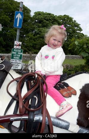 1. Juni 2012: Hayley Price (2 Jahre alt) mit Cob Pferd in Kirkby Lonsdale am Sammelplatz für Appleby Horse Fair, Cumbria, England. Vardo Caravan traditionellen Pferdekutsche Zigeunerwagen oder "Pfeil oben" Leinwand Planwagen auf dem Weg in die jährliche Zusammenkunft in Appleby, South Lakeland, UK   Stockfoto