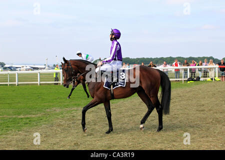 06.02.12. Epsom Downs, Surrey, UK. Derby-Sieger 2012 Camelot von Jockey Joseph O'Brien, ausgebildet von Aiden O'Brien geritten machen ihren Weg an den Start. Stockfoto