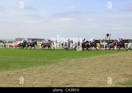 06.02.12. Epsom Downs, Surrey, UK. Pferde und Reiter Rennen vorbei an den 8 Furlong-Marker auf das Derby 2012. Gewinner Camelot 2. letzte. Stockfoto