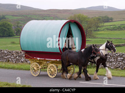 Dienstag, 5. Juni 2012: Gypsy Reisende mit Bogen oben Wagen unterwegs, fiel Ende Sedbergh. Ein Reisender, die Teilnahme an der jährlichen Appleby Horse Fair, Cumbria, UK Stockfoto