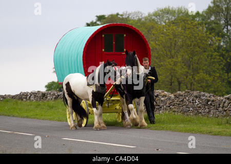 Dienstag, 5. Juni 2012: Gypsy Reisende mit Bogen oben Wagen unterwegs, fiel Ende Sedbergh. Ein Reisender, die Teilnahme an der jährlichen Appleby Horse Fair, Cumbria, UK Stockfoto