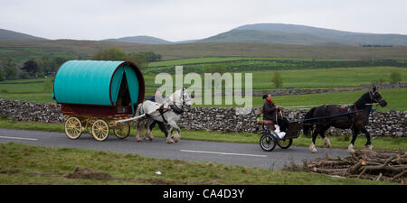 Dienstag, 5. Juni 2012: Gypsy Reisende mit Bogen oben Wagen unterwegs, fiel Ende Sedbergh. Ein Reisender, die Teilnahme an der jährlichen Appleby Horse Fair, Cumbria, UK Stockfoto