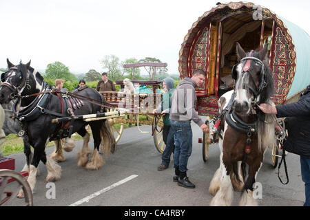 Donnerstag, 7. Juni 2012 bei Appleby, Cumbria, England, UK. Pferden gezogene Bogen-Top Wagen kommen aus ganz England am ersten Tag der Messe Appleby, die größte jährliche Zusammenkunft von Sinti und Roma und fahrenden in Europa.  Die Messe findet statt 7.-13. Juni 2012. Stockfoto