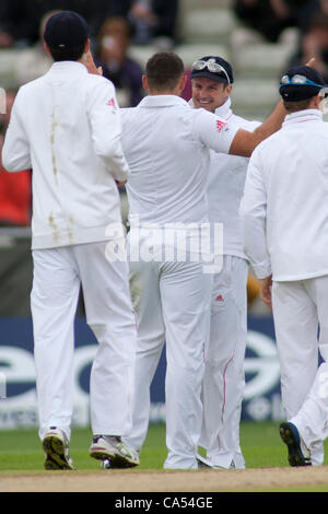 VEREINIGTES KÖNIGREICH. 06.09.2012 Birmingham England. Tim Bresnan feiert das erste Wicket am dritten Tag des Spiels im dritten Investec Cricket Test zwischen England und Westindien, gespielt auf Edgbaston Cricket Ground. Obligatorische Kredit: Mitchell Gunn. Stockfoto