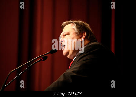 Juni 9, 2012.Thessaloniki, Griechenland. PASOK Führer Evangelos Venizelos anlässlich Olympion Theater in Thessaloniki. Stockfoto