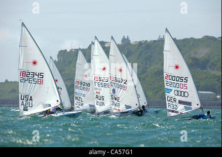 9.06.2012 Weymouth, England. Skandia Sail for Gold Regatta. Herren Laser, Medal Race Weymouth und Portland Bay. Stockfoto