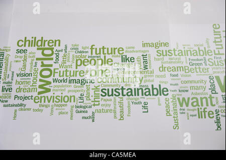 Die Wände des Veranstaltungsortes Rio Zentrum tragen Platten von Wörtern, die auf das Thema der Konferenz "The Future We Want" verknüpft. UN-Konferenz über nachhaltige Entwicklung (Rio + 20), Rio De Janeiro, Brasilien. Foto © Sue Cunningham. Stockfoto