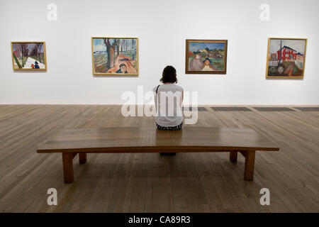 Neuschnee im Avenue (L, R), Mord auf der Straße, Straße in Asgardstrand und wildem Wein rot. Edvard Munch: Das moderne Auge, eine Ausstellung von Werk des norwegischen Künstlers in der Tate Modern, London, UK. Die Ausstellung läuft vom 28. Juni bis 14 Oktober. 26. Juni 2012. Stockfoto