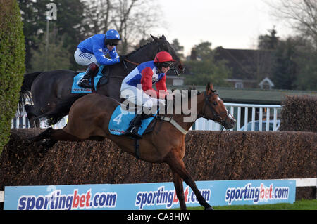 Golan Weg geritten von Marc Goldstein führt vom Quinz geritten von Richard Johnson in der Sportingbet Future Stars Chase in Sandown Park Pferderennbahn in Esher, Surrey - 12.02.2011 - CREDIT: Martin Dalton/TGSPHOTO Stockfoto