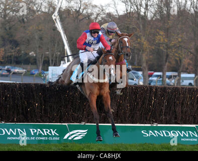 Golan Weg geritten von Marc Goldstein nimmt das letzte vor Benbane Head geritten von Alain Cawley gewinnt die Sportingbet Future Stars Chase in Sandown Park Pferderennbahn in Esher, Surrey - 12.02.2011 - CREDIT: Martin Dalton/TGSPHOTO Stockfoto