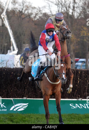 Golan Weg geritten von Marc Goldstein nimmt das letzte vor Benbane Head geritten von Alain Cawley gewinnt die Sportingbet Future Stars Chase in Sandown Park Pferderennbahn in Esher, Surrey - 02/12/2011 - CREDIT: Martin Dalton/TGSPHOTO Stockfoto