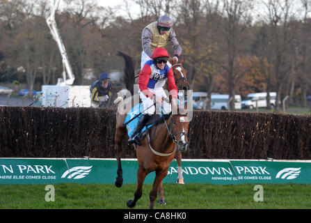 Golan Weg geritten von Marc Goldstein nimmt das letzte vor Benbane Head geritten von Alain Cawley gewinnt die Sportingbet Future Stars Chase in Sandown Park Pferderennbahn in Esher, Surrey - 12.02.2011 - CREDIT: Martin Dalton/TGSPHOTO Stockfoto