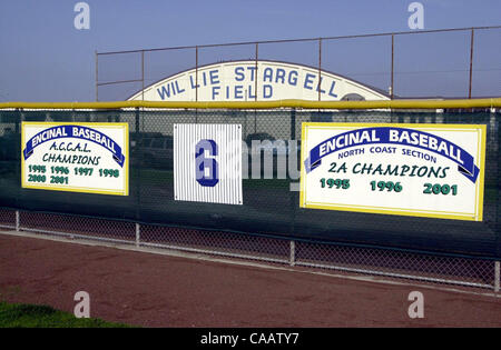 Schuss des ehemaligen Ayrtonia High School Baseball Spieler Jimmy Rollins einheitliche Nummer Plakette an der Wand des linken Feld (durch Reporter SAStrain verlangt) in Alameda, Kalifornien, auf Sonntag, 18. Januar 2004. (Contra Costa Times / Eddie Ledesma) Stockfoto