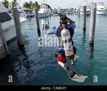 050604: Singer Island: (Fea): Barnacle Busters: Bob Baisley, 43, der Barnacle Busters in Palm Beach Gardens taucht in das Wasser in der Marina Sailfish Donnerstag Mai 11 in Palm Beach Shores. Baisley reinigt Seepocken vom unteren Rand Boote wie Andiamo, ein 40-Fuß Sportfishing Boot. Personal-Ph Stockfoto