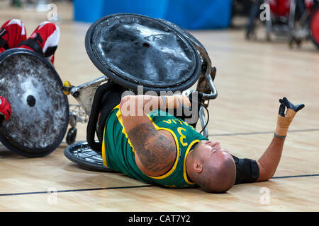 Ryley Batt AUS, Australien-Kanada, The London International Invitational Rollstuhl Rugby-Turnier, 18 Apr 12, Basketball-Arena, Olympiapark, London, UK. Stockfoto