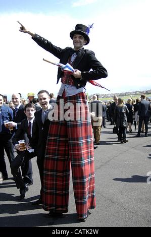 Ayr, UK 21.04.12. Schottische Grand National-Wochenende (Tag 2). Mann auf Stelzen tragen Tartan Hose Punkte. Spaß vor dem Start der 2. Tag der schottischen Grand National-Rennwochenende in Ayr Racecourse. Stockfoto