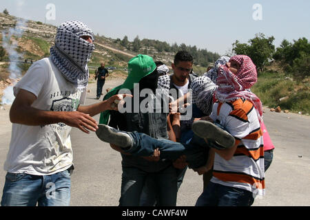 26. April 2012 - Ramallah, Westjordanland, Palästina - Palästinenser tragen einen verwundeten Demonstrator Verletzte bei Zusammenstößen mit israelischen Soldaten an der Bitwonia Kreuzung außerhalb des israelischen militärischen Gefängnisses von Ofer, auf 64. Unabhängigkeitstag Israels, 26. April 2012. Palästinenser inszeniert ihre Hinweisschild Stockfoto