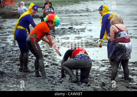 Maldon, Essex, England. Sonntag, 29. April 2012. Teilnehmer, schlammig, dass die jährlichen Maldon Mud Race 2012 laufen. Stockfoto