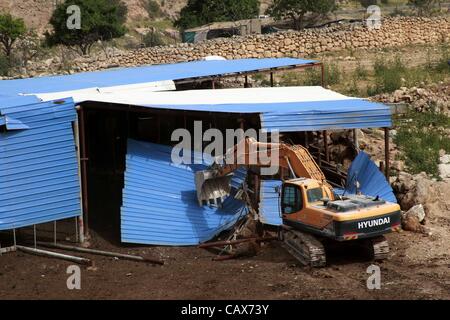 1. Mai 2012 - Hebron, Westjordanland, Palästina - israelische Soldaten umgeben einen Bulldozer, wie es einen palästinensischen Bauernhof Kühe in der Westbank-Stadt Hebron, Mai zerstört. 01, 2012. Berichten zufolge, die die Spannungen stiegen, als palästinensische Häuser, von den israelischen Behörden für angeblich nicht Havi zerstört wurden Stockfoto