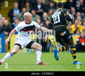 05.05.2012 Wycombe, England. Rugby Union. London Wasps V Newcastle Falcons. Christian Wade in Aktion während der Aviva Premiership Spiel im Adams Park. Stockfoto