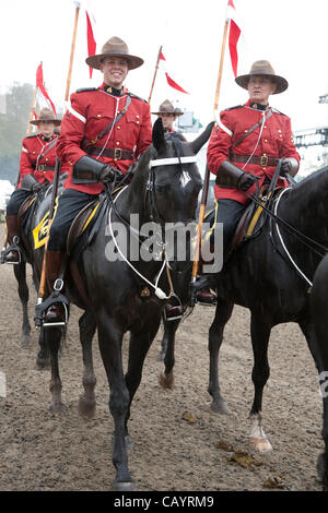 Donnerstag, 10. Mai 2012. Die Royal Canadian Mounted Police (Mounties) Kreise die Warm-up-Arena im strömenden Regen an der Royal Windsor Horse Show 2012. Windsor Park, Berkshire, England, Vereinigtes Königreich. Stockfoto